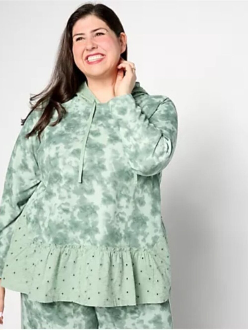LOGO LIFE BY LORI GOLDSTEIN WAFFLE & EYELET PULLOVER HOODIE TIE DYE BLUE